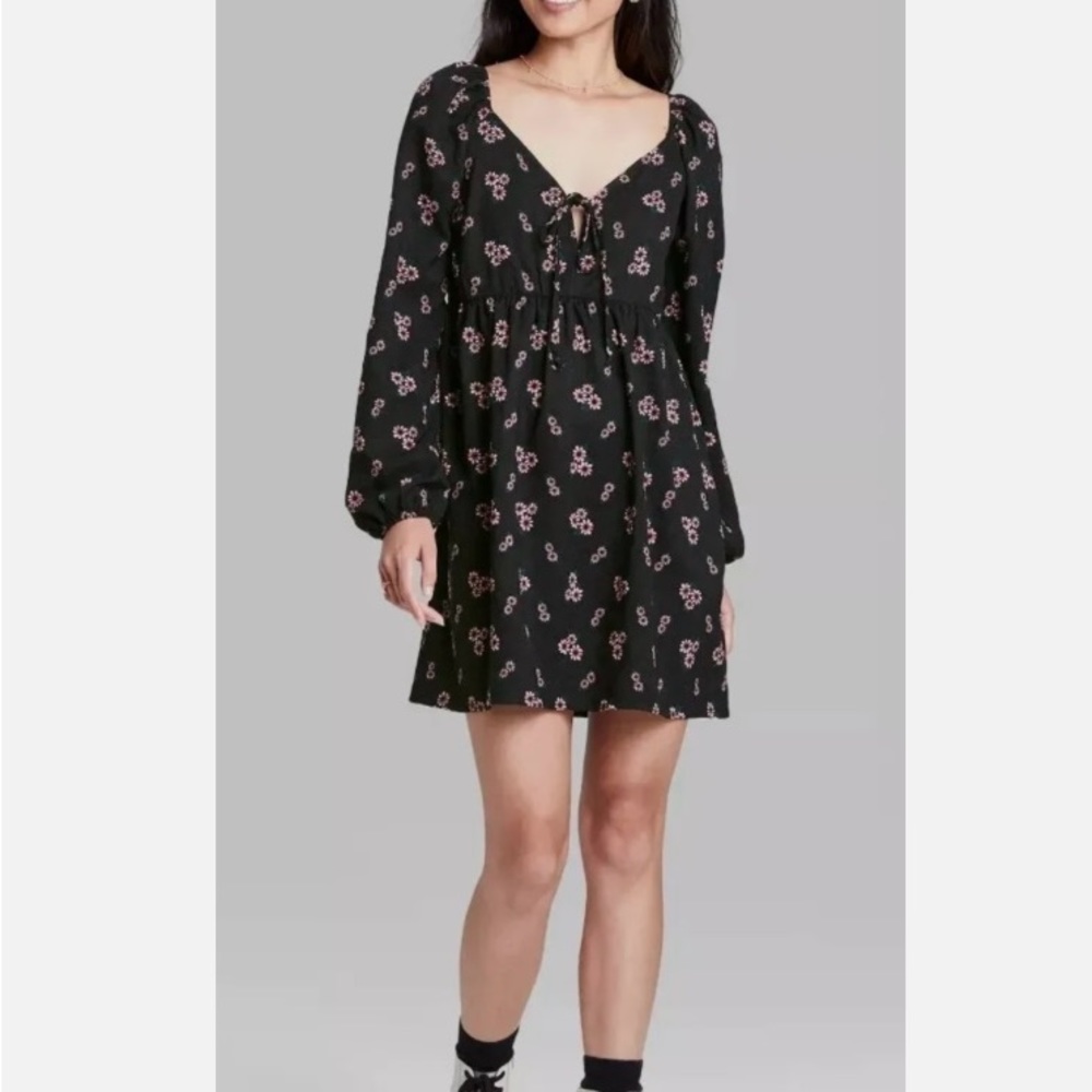 Wild Fable Balloon Sleeve Tie-Front Short Mini Dress Pockets